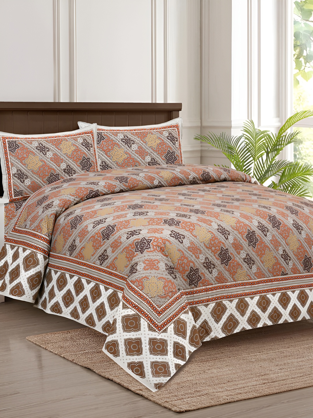 

JAIPUR FABRIC White & Orange Geometric 180 TC King Bedsheet with 2 Pillow Covers