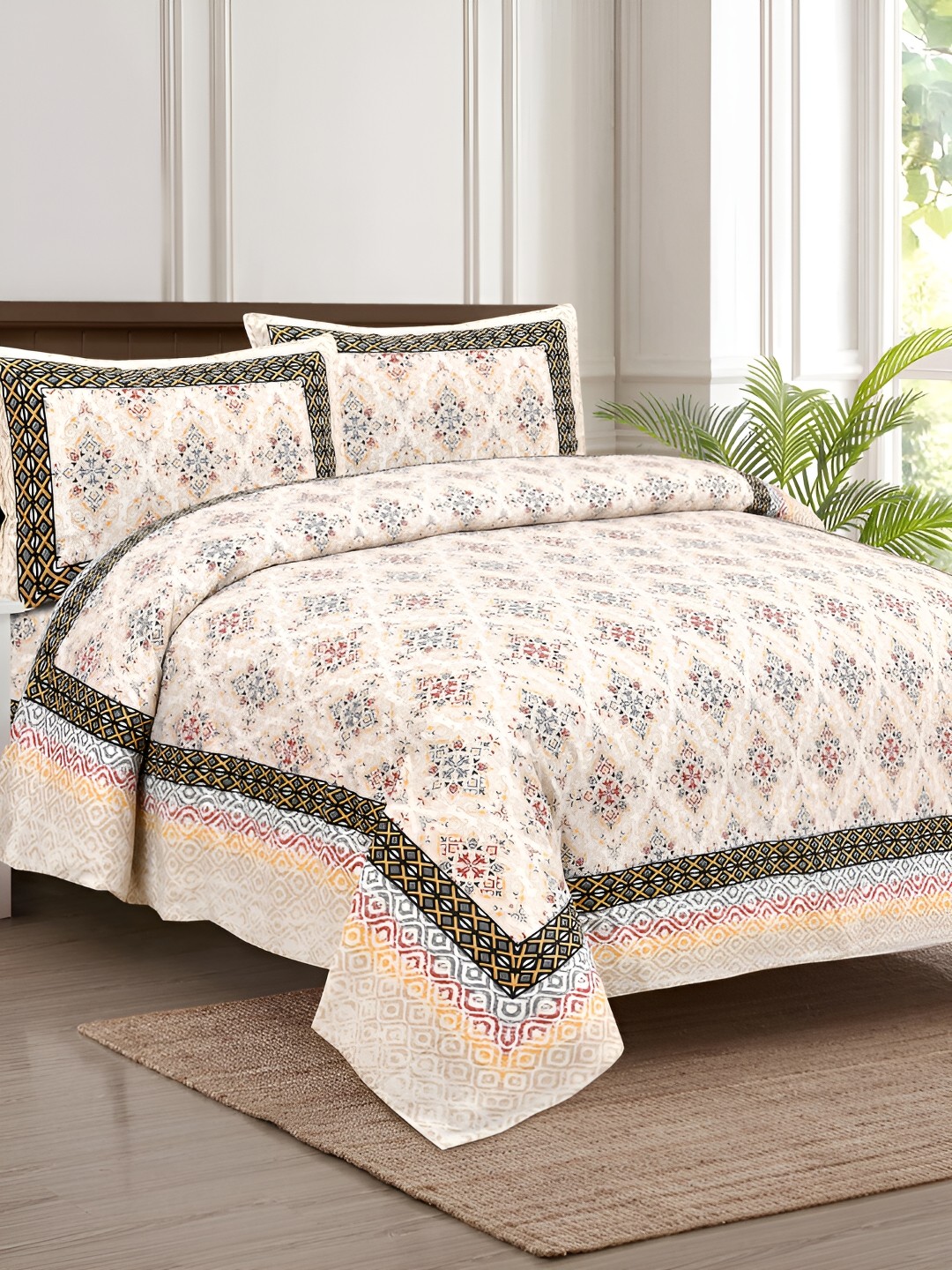 

JAIPUR FABRIC Peach-Coloured & Black Floral 180 TC King Bedsheet with 2 Pillow Covers