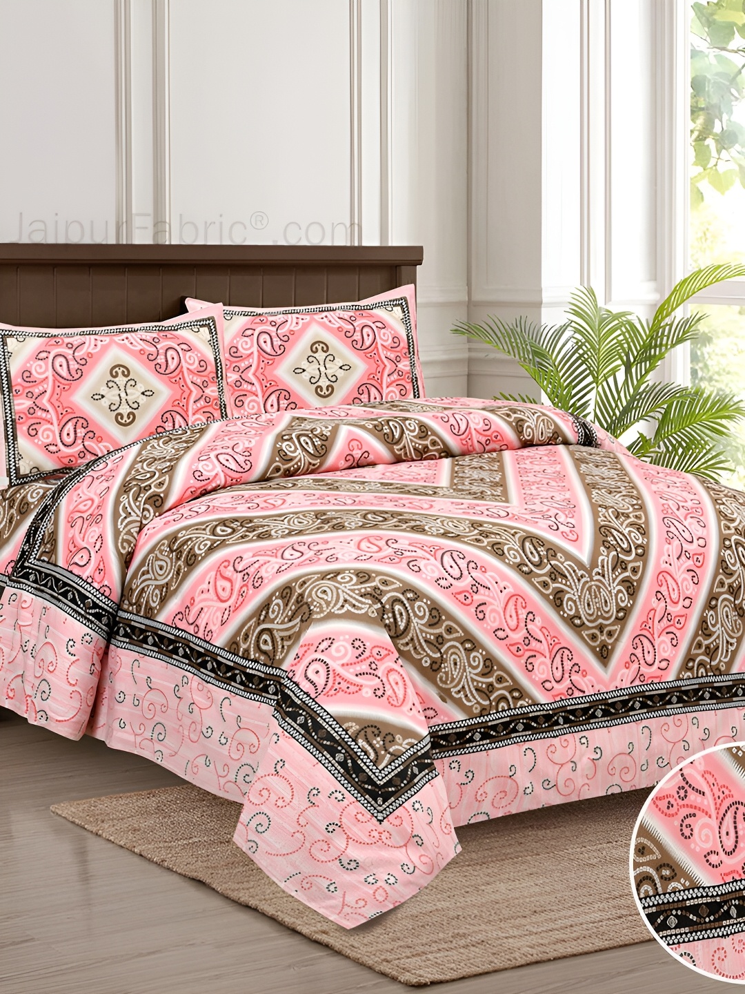 

JAIPUR FABRIC White & Pink Ethnic Motifs 180 TC King Bedsheet with 2 Pillow Covers