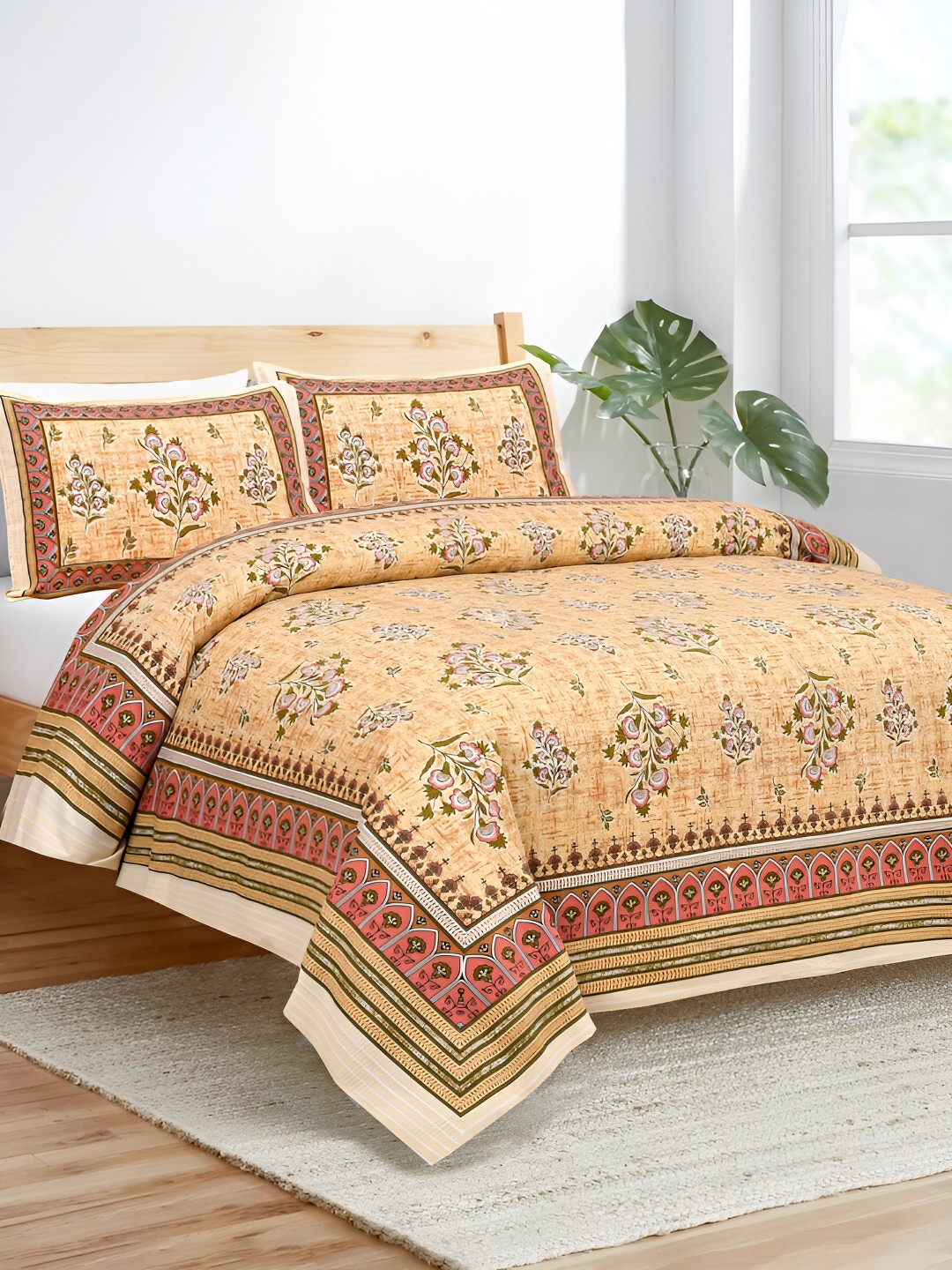 

JAIPUR FABRIC Orange & Green Floral 180 TC King Bedsheet with 2 Pillow Covers