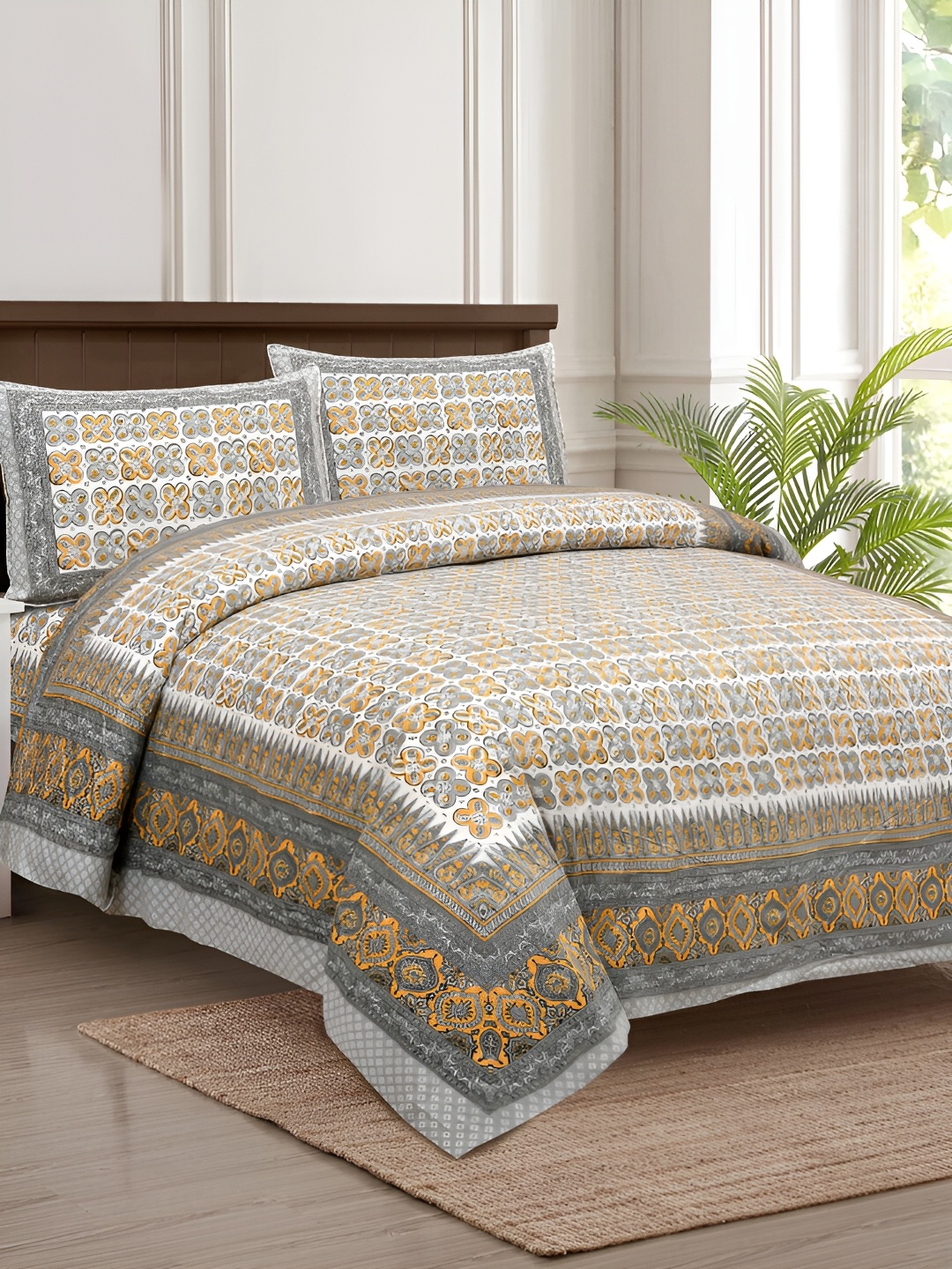 

JAIPUR FABRIC White & Yellow Ethnic Motifs 180 TC King Bedsheet with 2 Pillow Covers