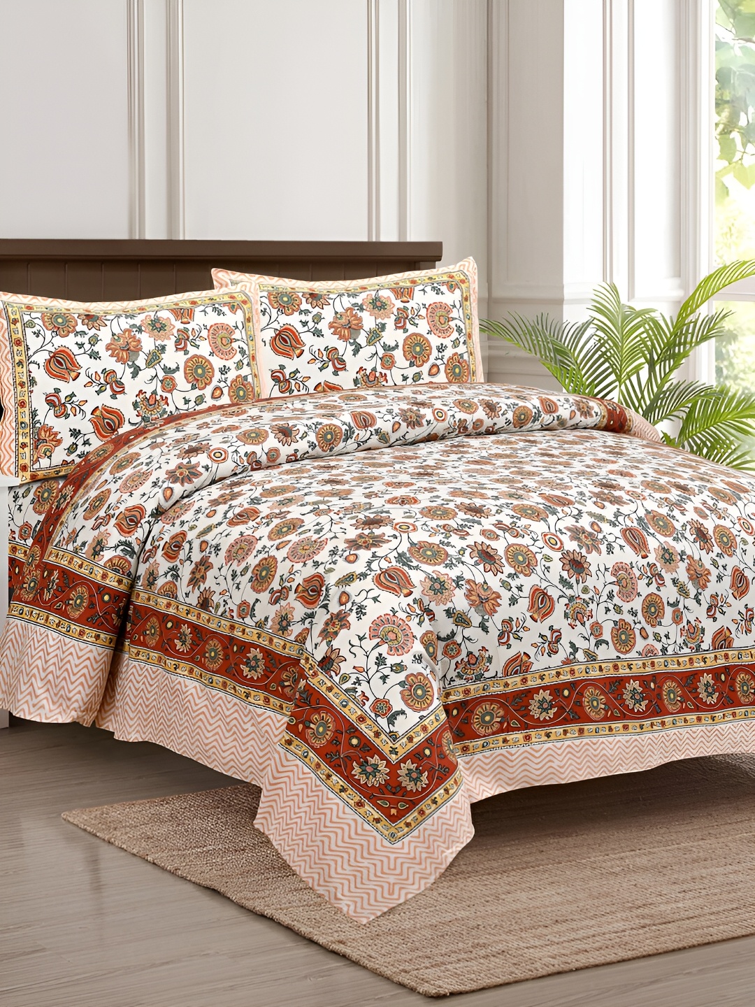 

JAIPUR FABRIC White & Green Floral 180 TC King Bedsheet with 2 Pillow Covers