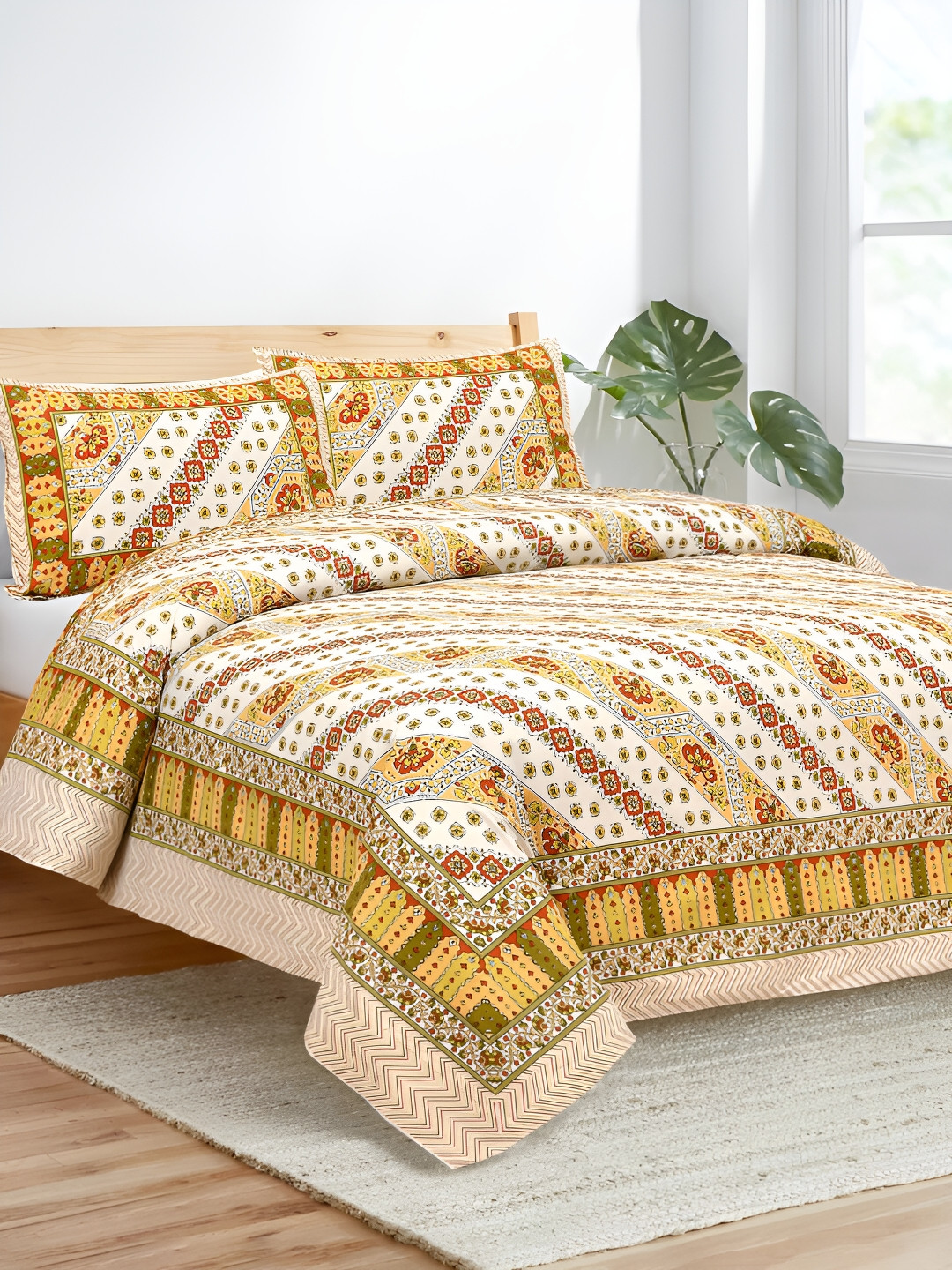 

JAIPUR FABRIC White & Yellow Ethnic Motifs 180 TC King Bedsheet with 2 Pillow Covers