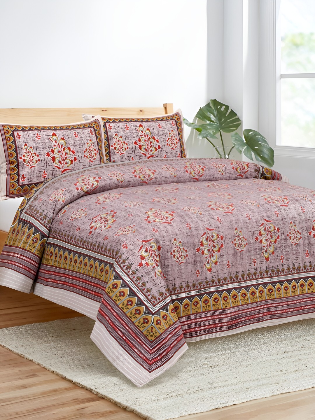

JAIPUR FABRIC Red & Green Floral 180 TC King Bedsheet with 2 Pillow Covers