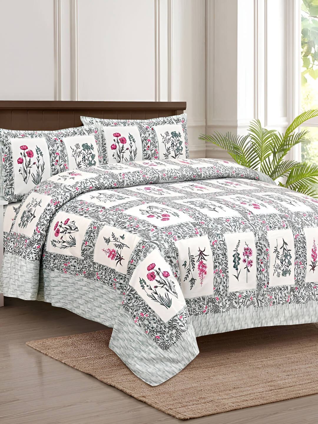 

JAIPUR FABRIC White & Grey Floral 180 TC King Bedsheet with 2 Pillow Covers