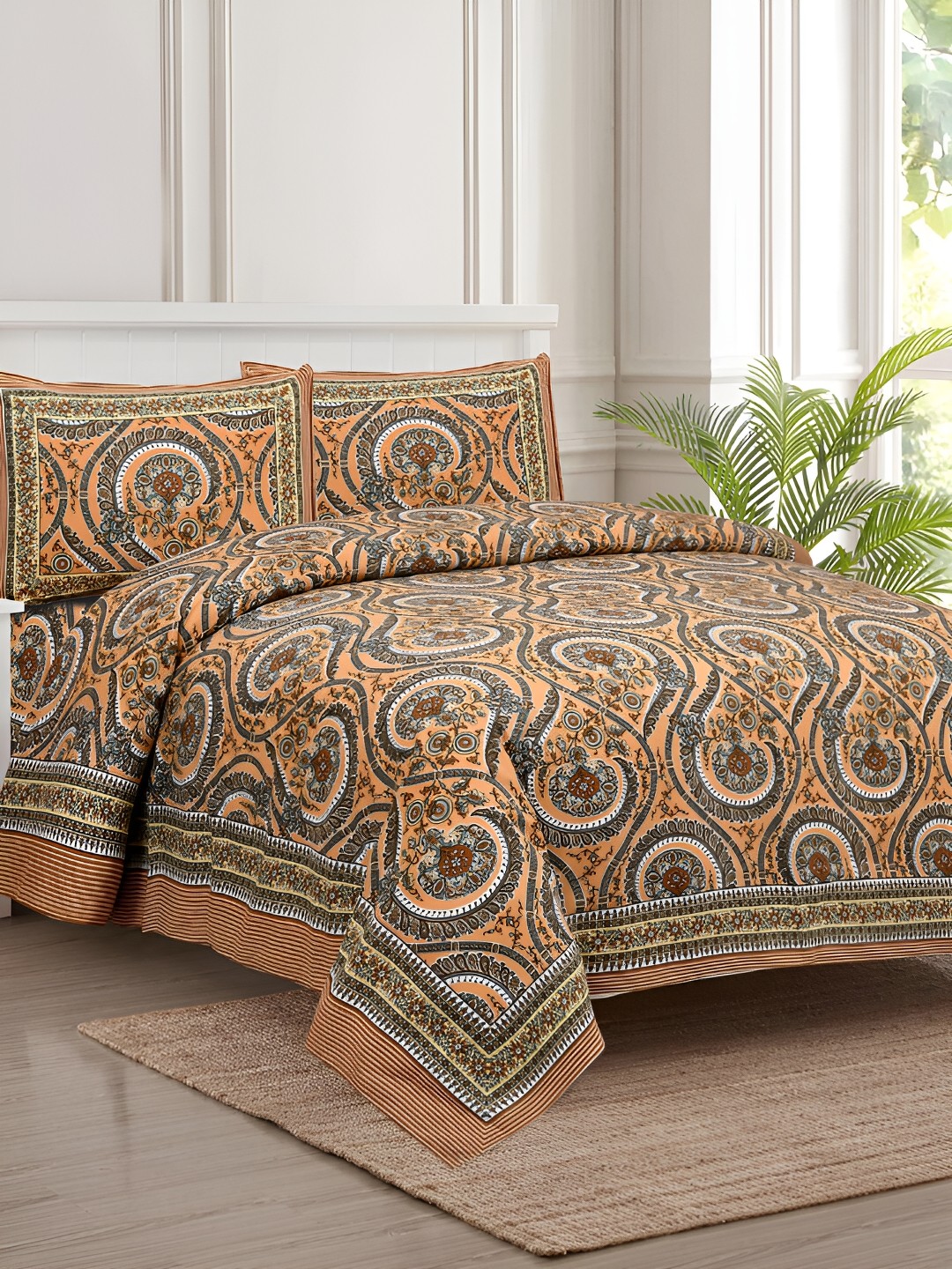 

JAIPUR FABRIC Grey & Peach-Coloured Ethnic Motifs 180 TC King Bedsheet with 2 Pillow Covers