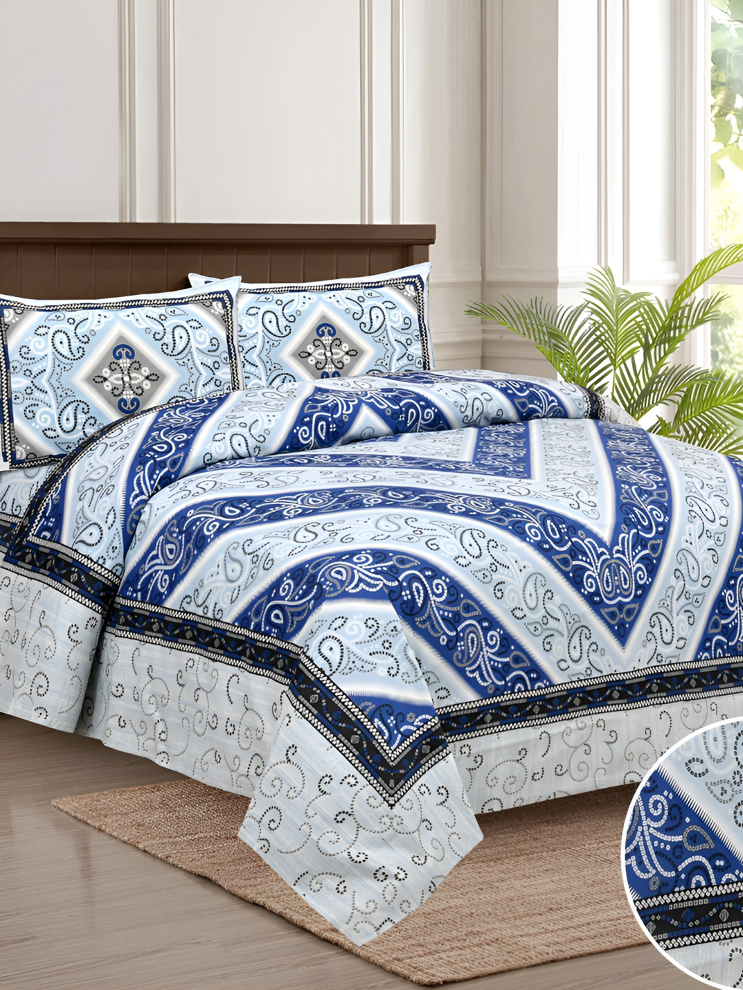 

JAIPUR FABRIC White & Blue Ethnic Motifs 180 TC King Bedsheet with 2 Pillow Covers
