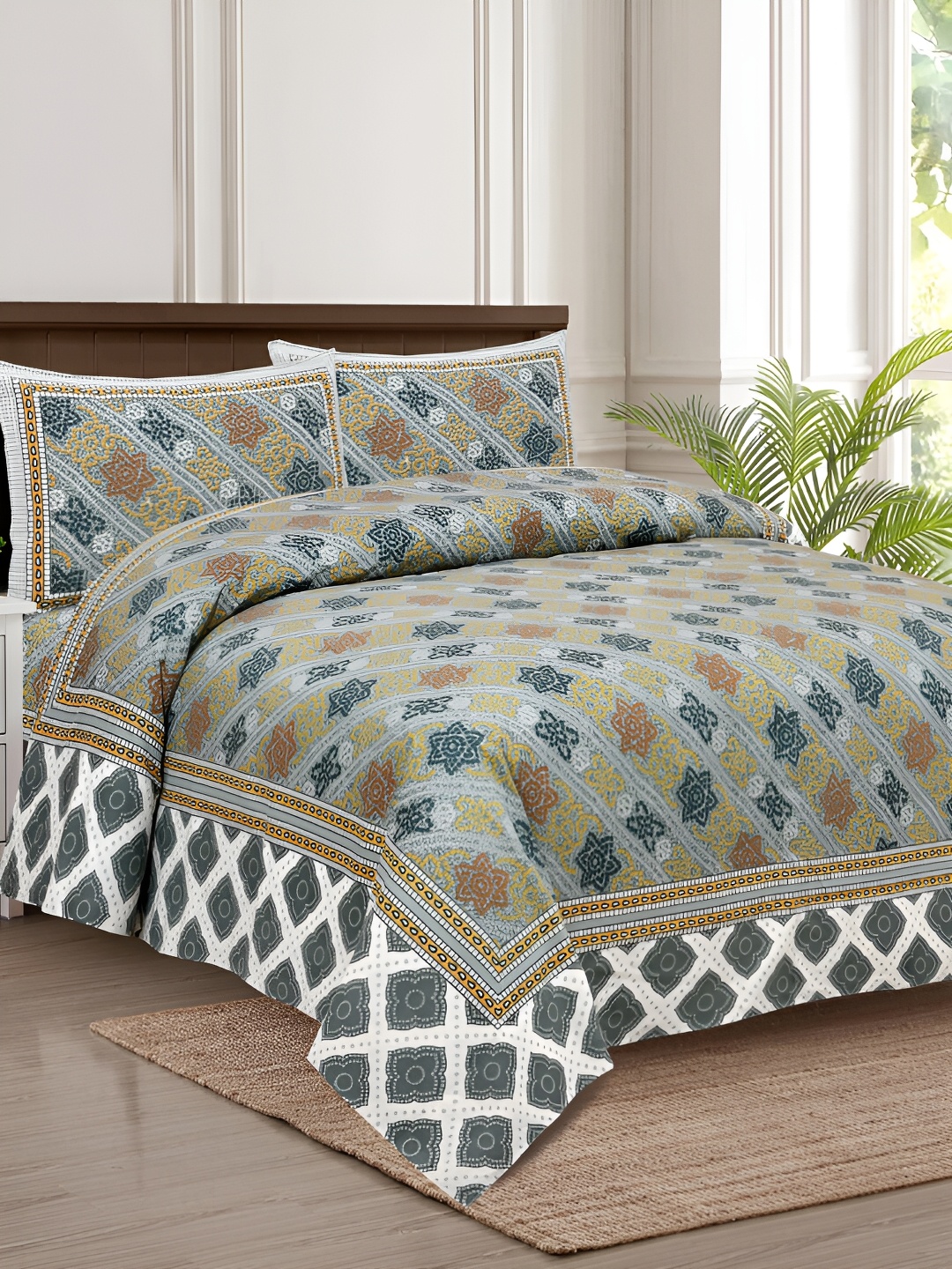 

JAIPUR FABRIC Grey & Yellow Ethnic Motifs 180 TC King Bedsheet with 2 Pillow Covers