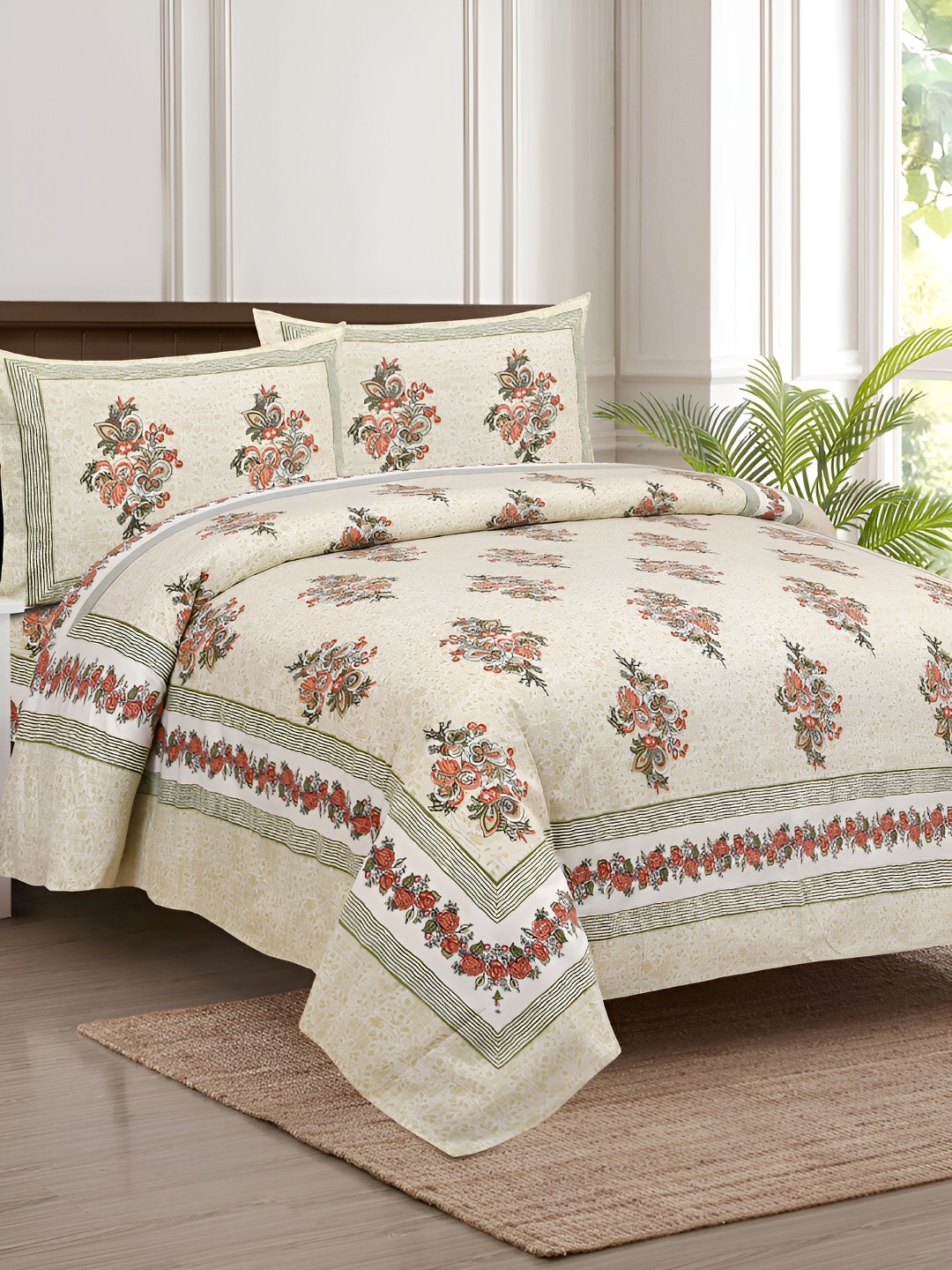 

JAIPUR FABRIC Beige & Brown Floral 180 TC King Bedsheet with 2 Pillow Covers