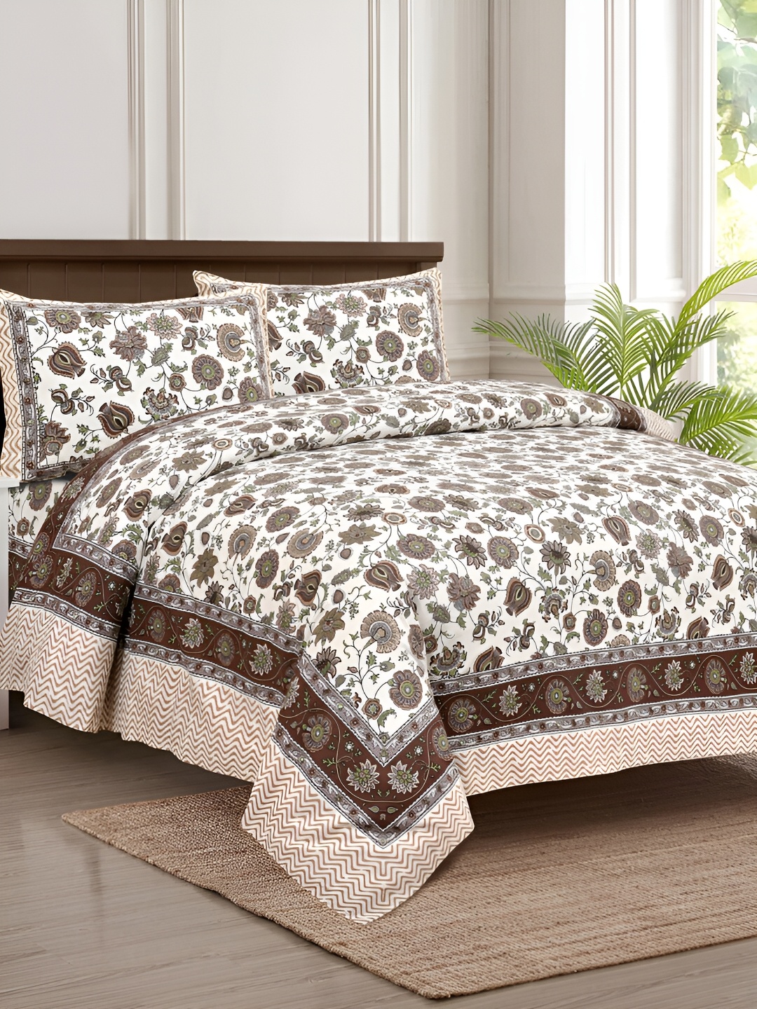 

JAIPUR FABRIC White & Green Floral 180 TC King Bedsheet with 2 Pillow Covers