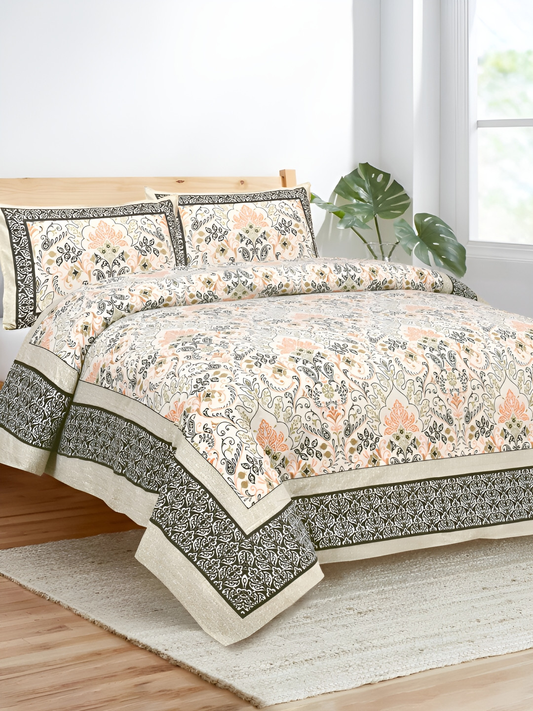 

JAIPUR FABRIC Peach-Coloured & Black Floral 180 TC King Bedsheet with 2 Pillow Covers