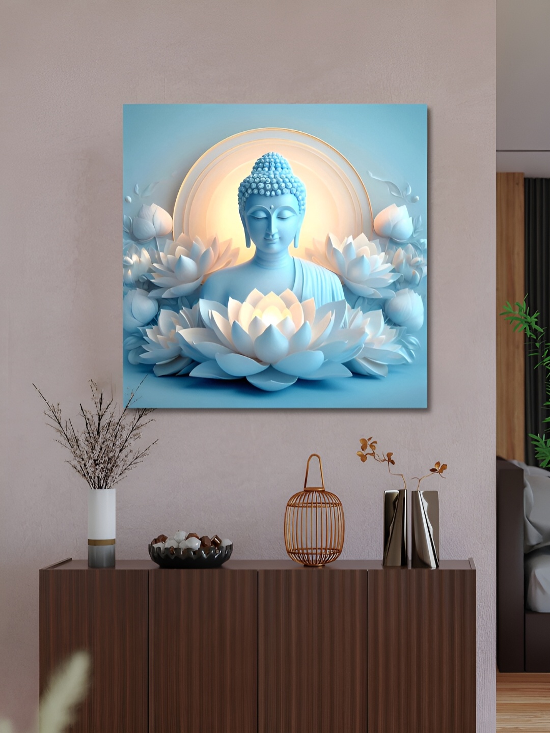 

OLIVE TREE Blue & White Buddha Religious Canvas Painting Wall Art