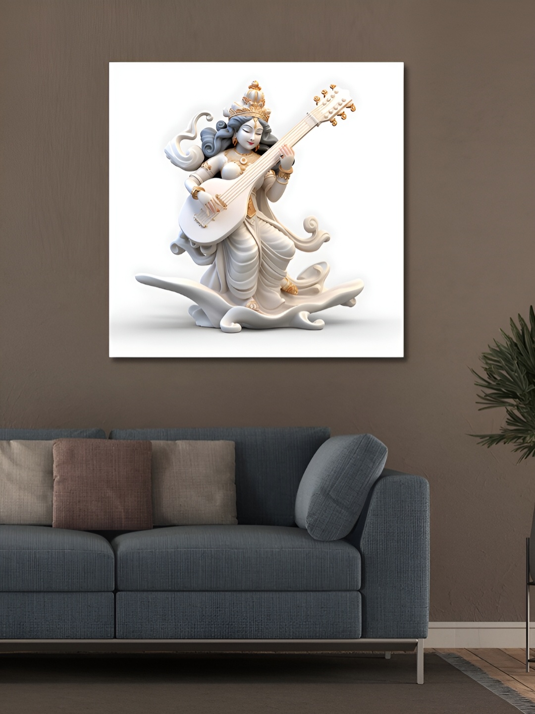

OLIVE TREE White & Gold-Toned Goddess Saraswathi Religious Canvas Painting Wall Art