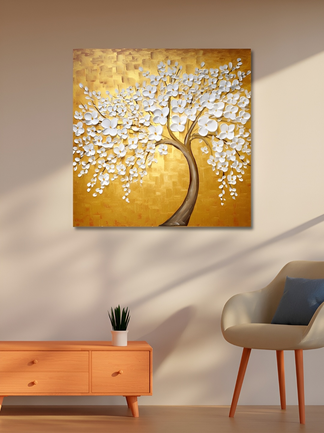 

OLIVE TREE Gold-Toned & White Floral Canvas Painting Wall Art