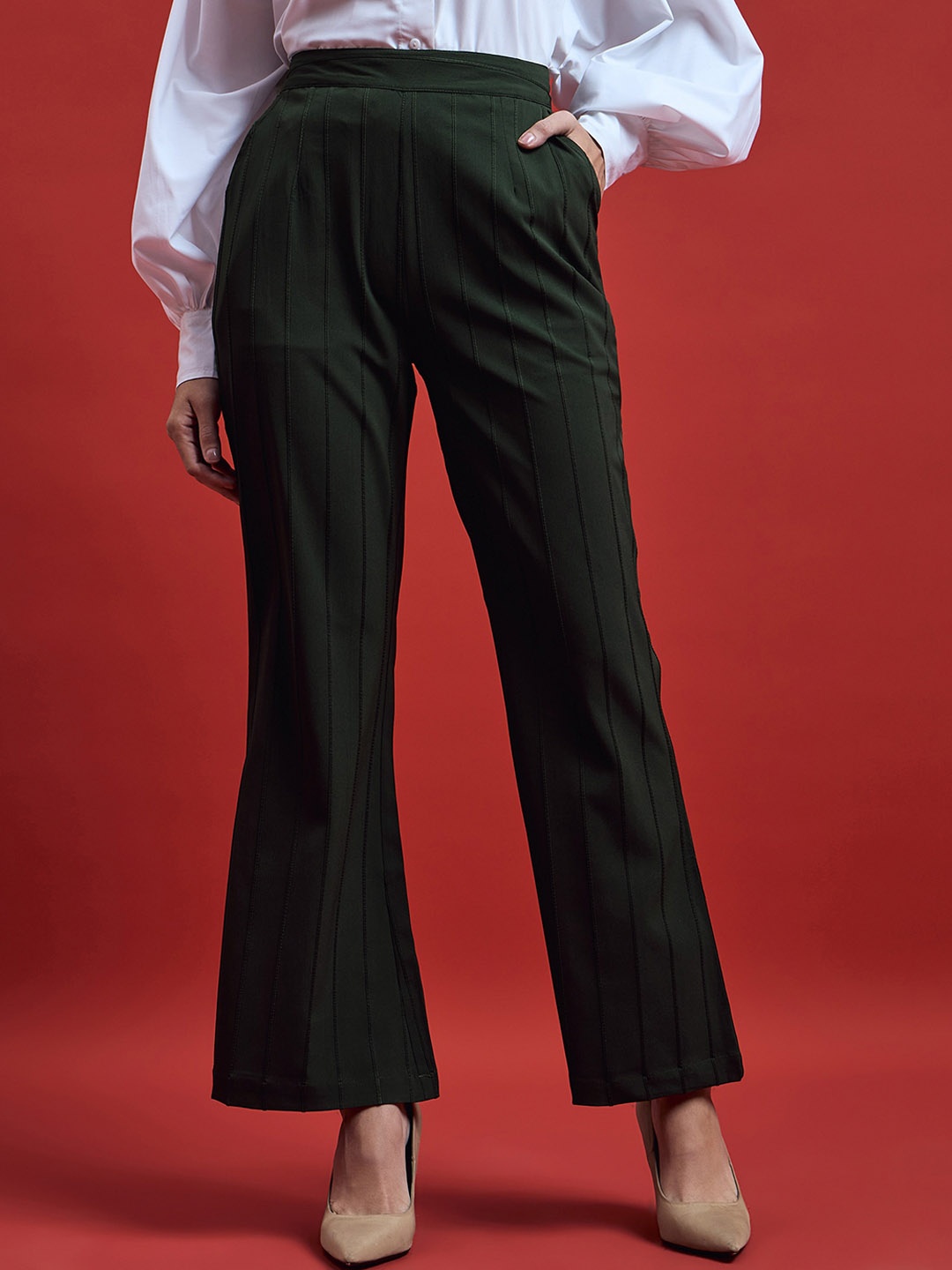 

all about you Women Striped Relaxed High-Rise Corduroy Bootcut Trousers, Olive
