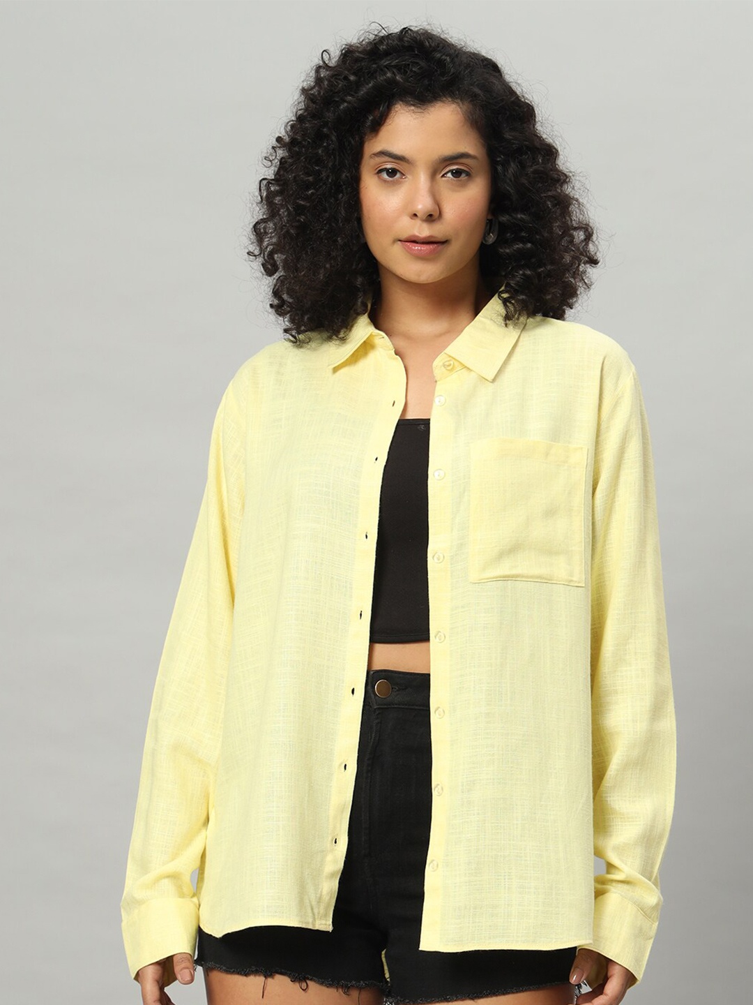 

Funday Fashion Boxy Fit Spread Collar Cotton Casual Shirt, Yellow