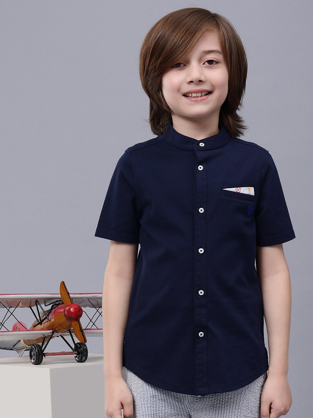 

One Friday Boys Comfort Band Collar Casual Shirt, Navy blue