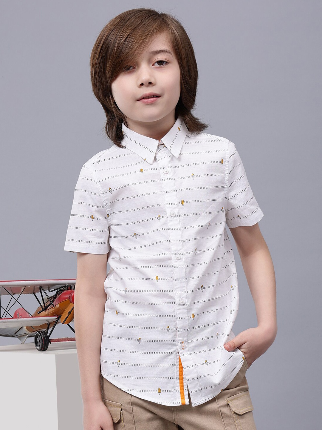 

One Friday Boys Comfort Conversational Printed Band Collar Cotton Casual Shirt, Off white