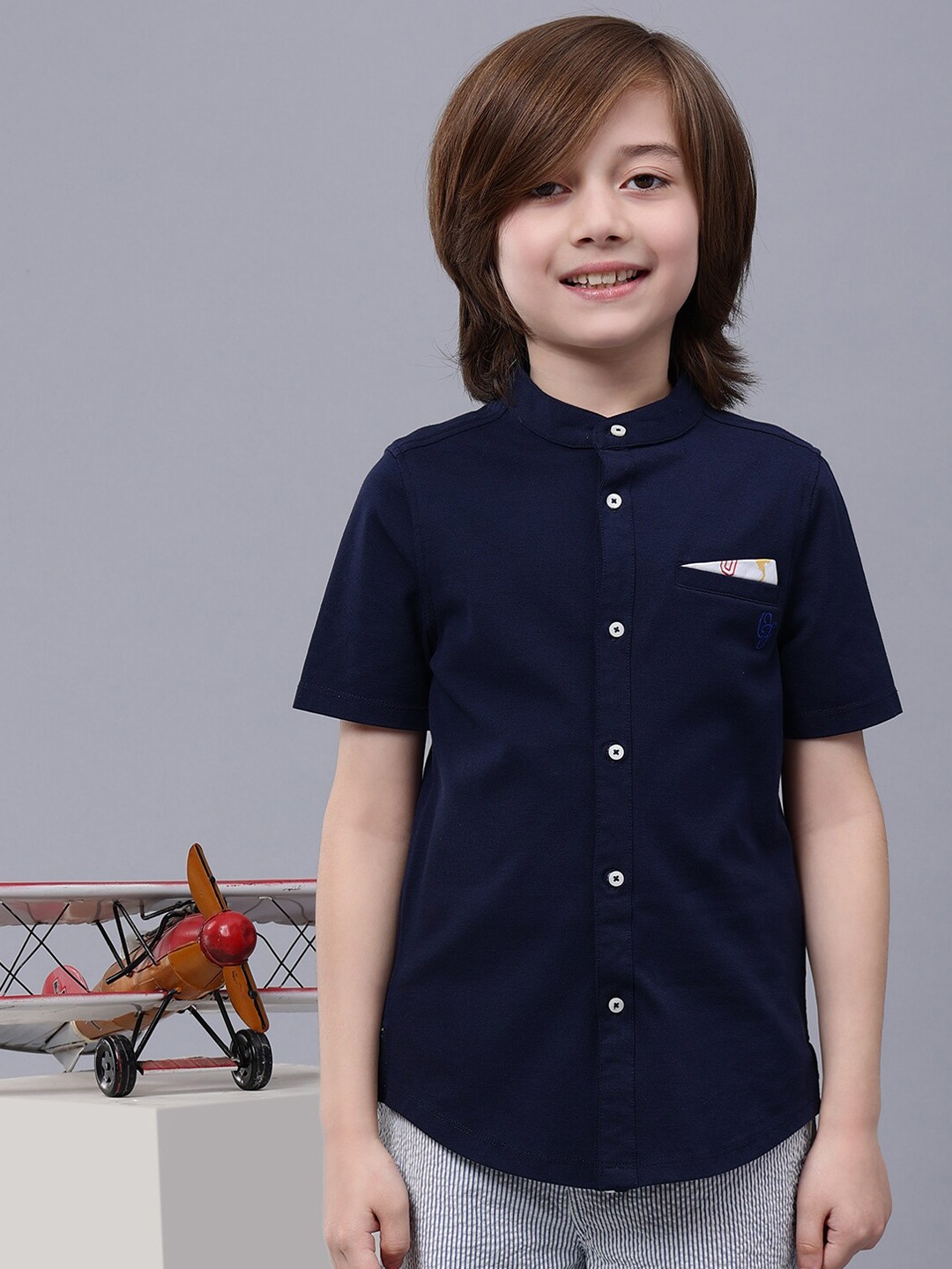 

One Friday Boys Comfort Band Collar Casual Shirt, Navy blue