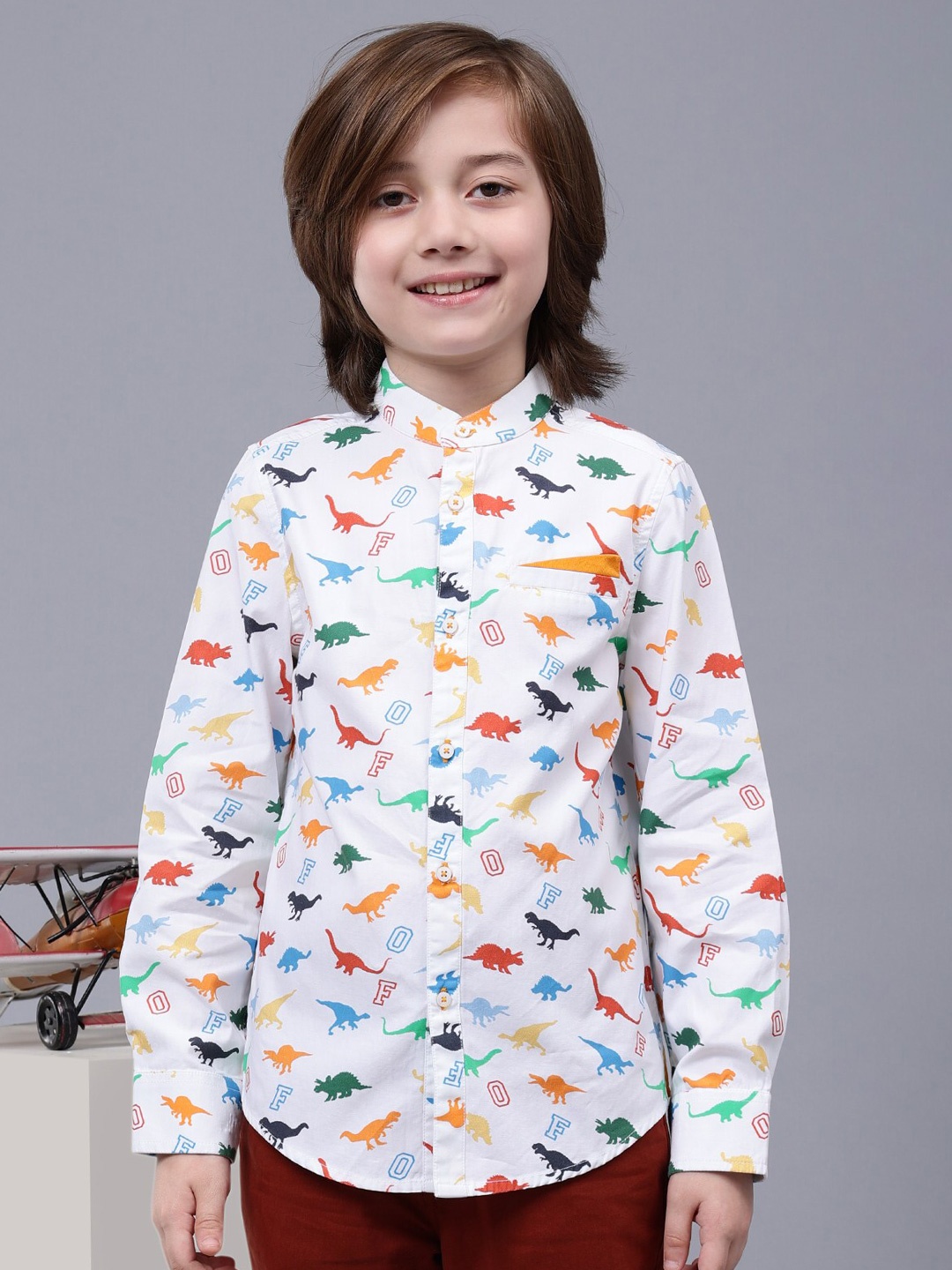 

One Friday Boys Comfort Conversational Printed Band Collar Cotton Casual Shirt, Off white