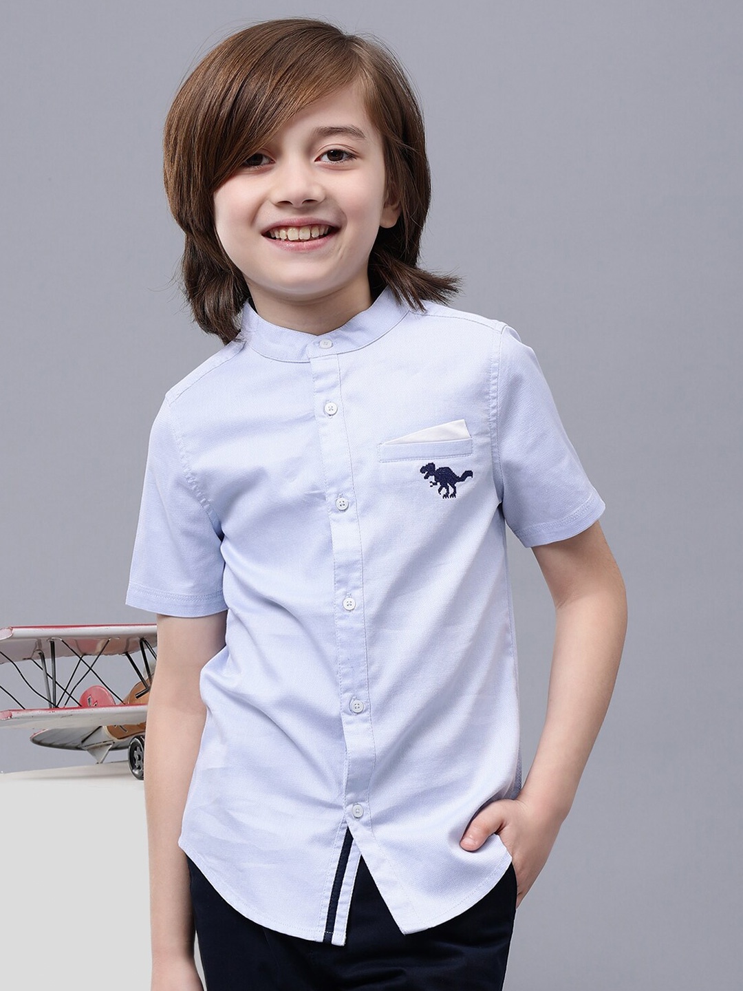 

One Friday Boys Comfort Band Collar Cotton Casual Shirt, Blue