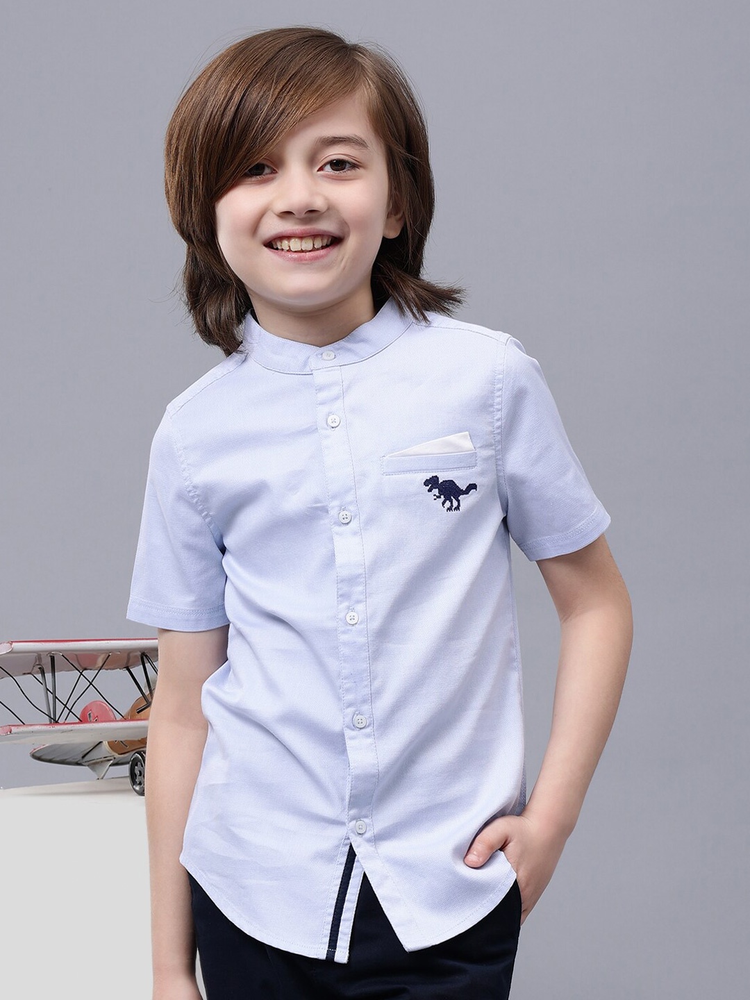 

One Friday Boys Comfort Band Collar Cotton Casual Shirt, Blue