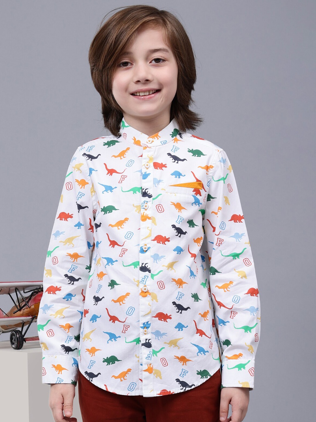 

One Friday Boys Comfort Conversational Printed Band Collar Cotton Casual Shirt, Off white