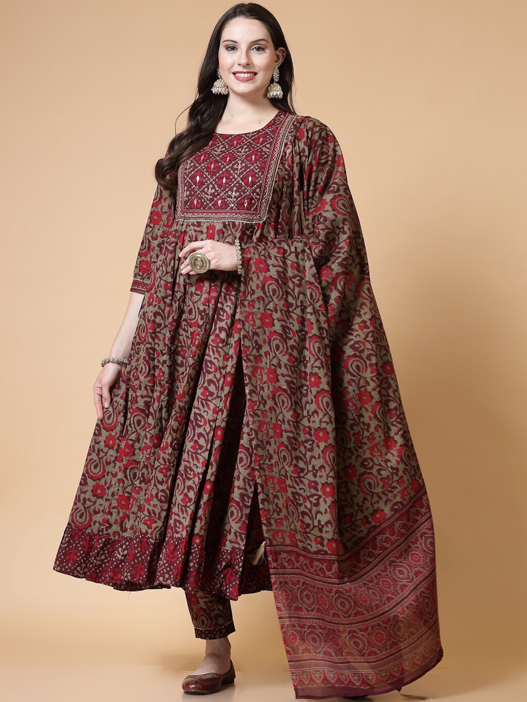 

KALINI Ethnic Motifs Printed Pure Cotton Anarkali Kurta with Trousers & Dupatta, Maroon