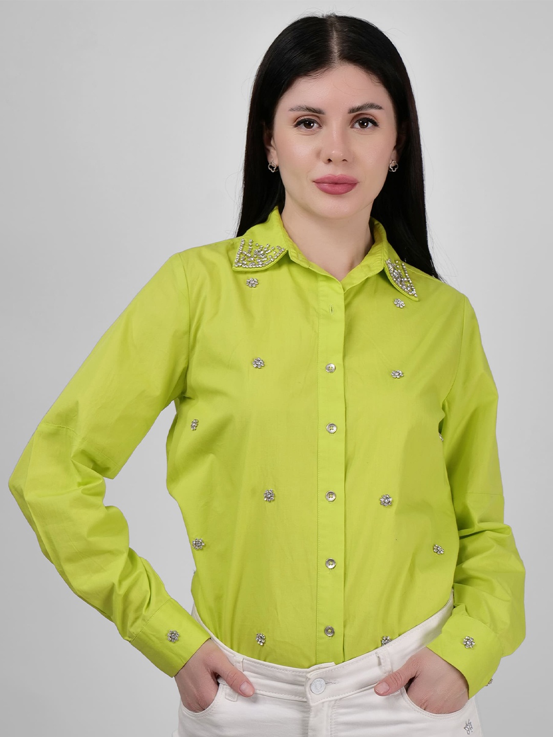 

DRIRO Modern Embellished Pure Cotton Casual Shirt, Lime green