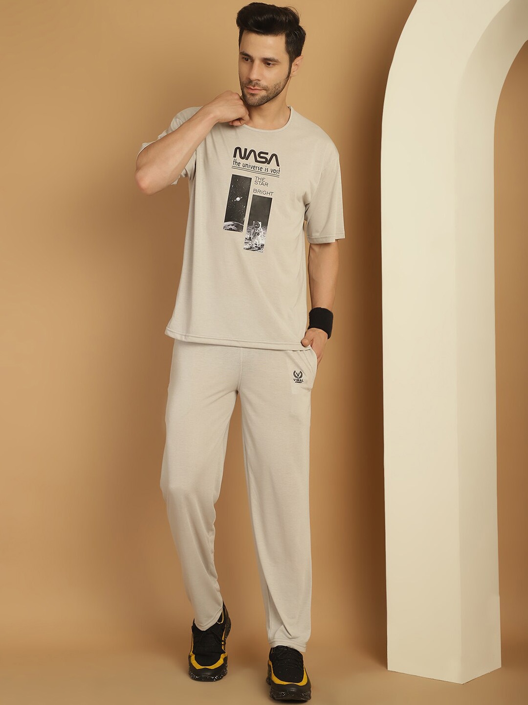

MACK JONNEY Printed Cotton Round Neck Oversized Tracksuit, Grey