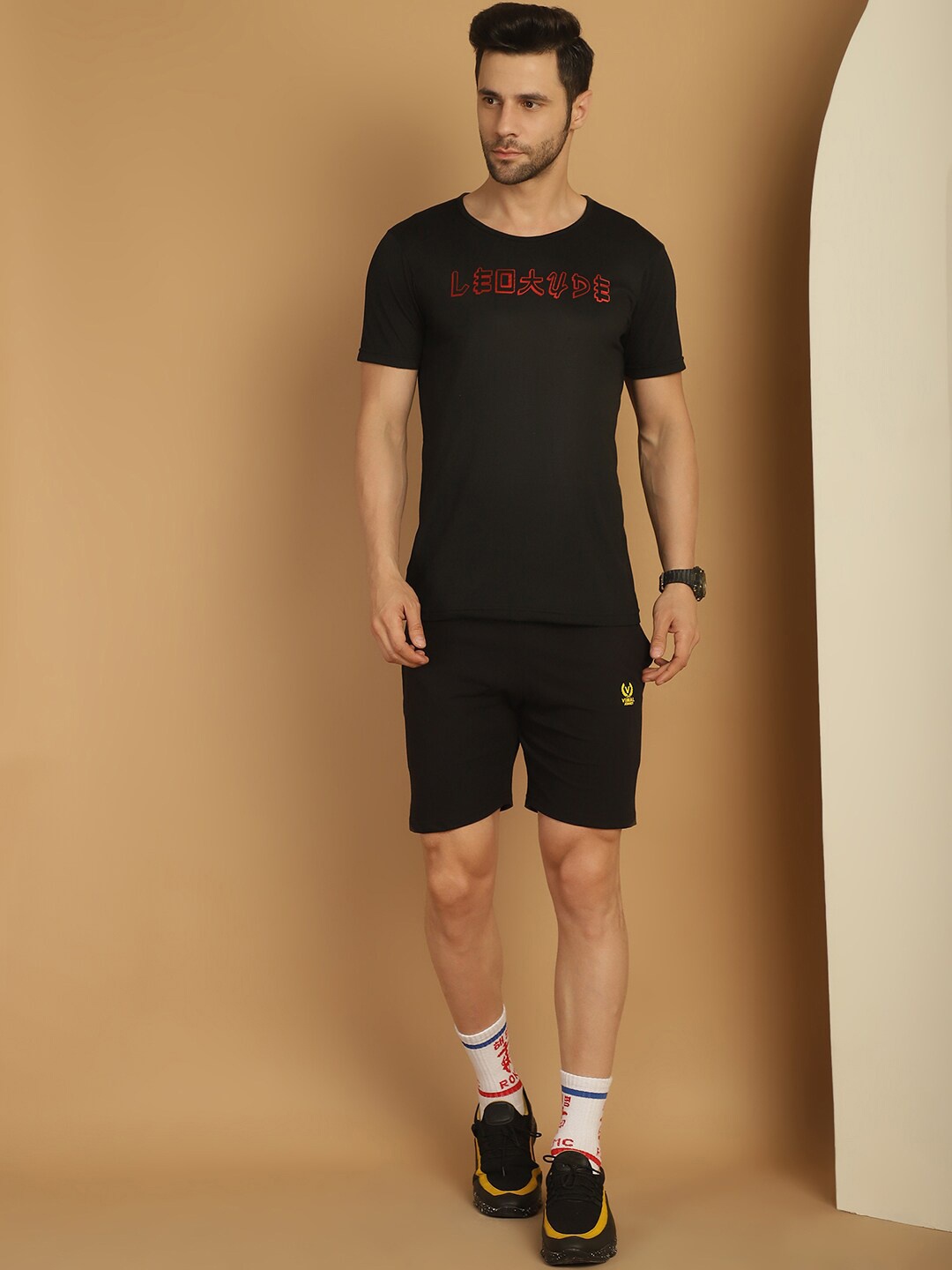 

MACK JONNEY Printed Cotton T-Shirt With Shorts, Black