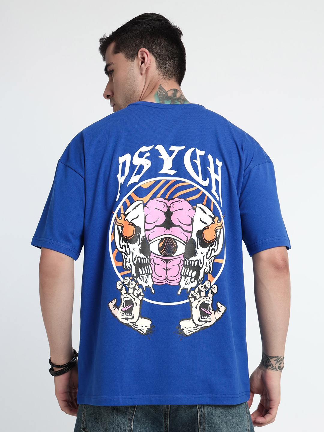 

Beyoung Round Neck Drop Shoulder Sleeves Graphic Printed Oversized Cotton T-shirt, Blue