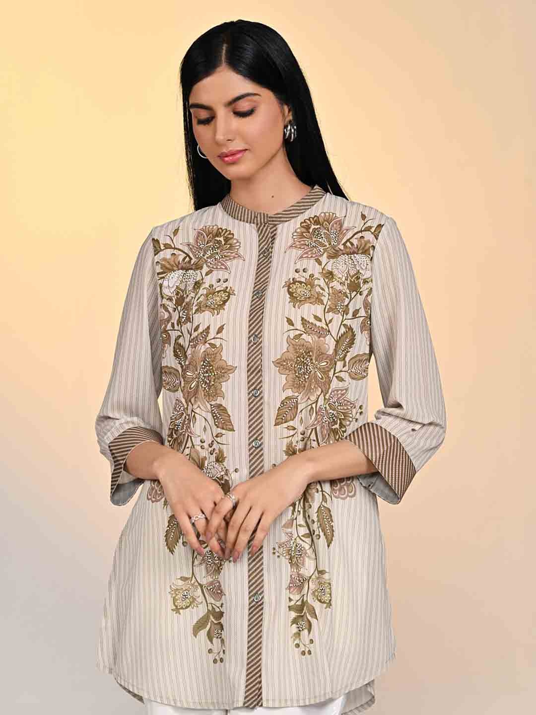 

Lakshita Floral Printed Mandarin Collar Embellished Georgette Tunic, Olive