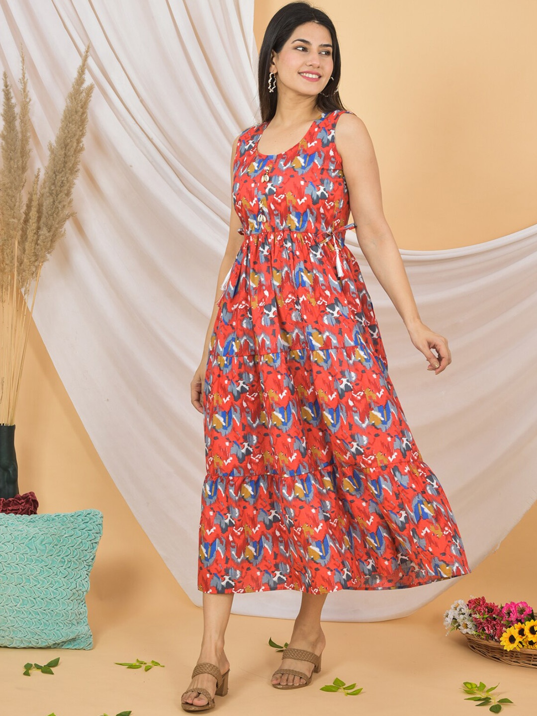 

JAHIDA COMFORT WITH STYLE Printed Sleeveless Pure Cotton Fit & Flare Midi Ethnic Dress, Red
