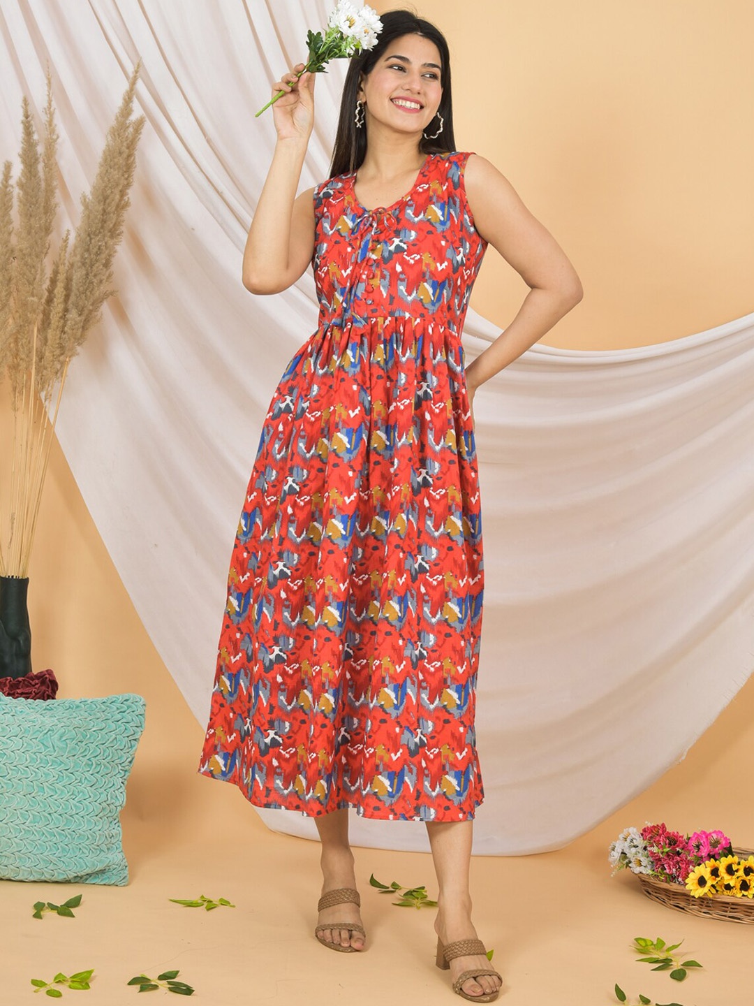 

JAHIDA COMFORT WITH STYLE Abstract Printed Sleeveless Pure Cotton Fit & Flare Midi Dress, Red