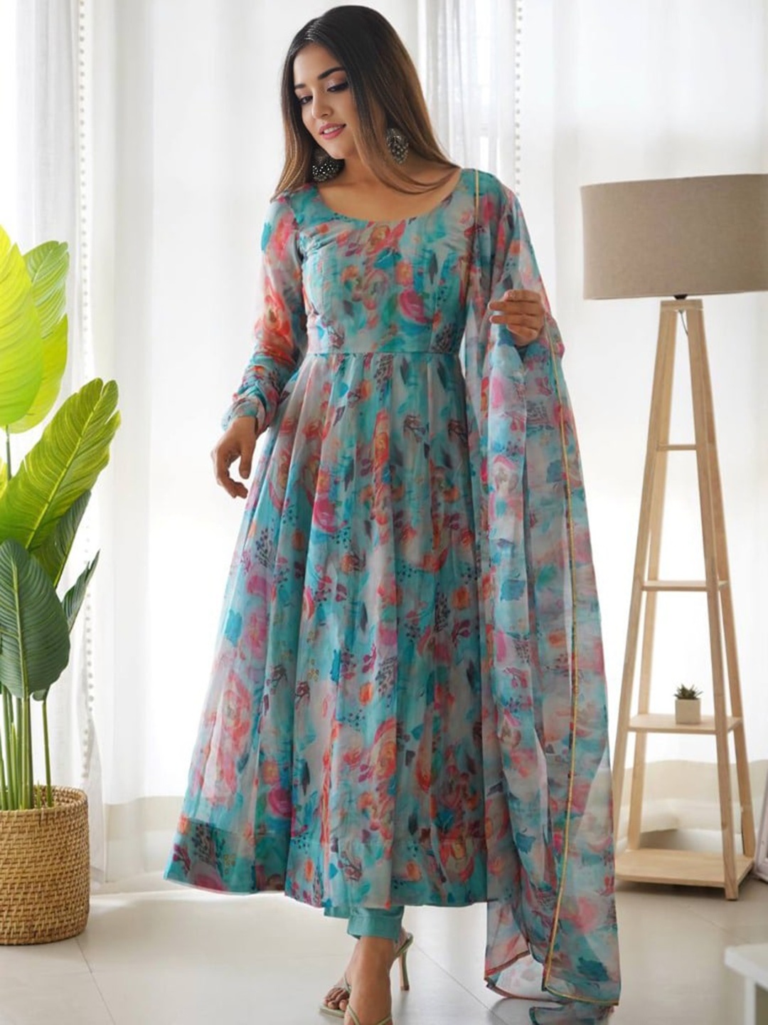 

BLACK SCISSOR Floral Printed Organza Maxi Gown with Dupatta, Blue