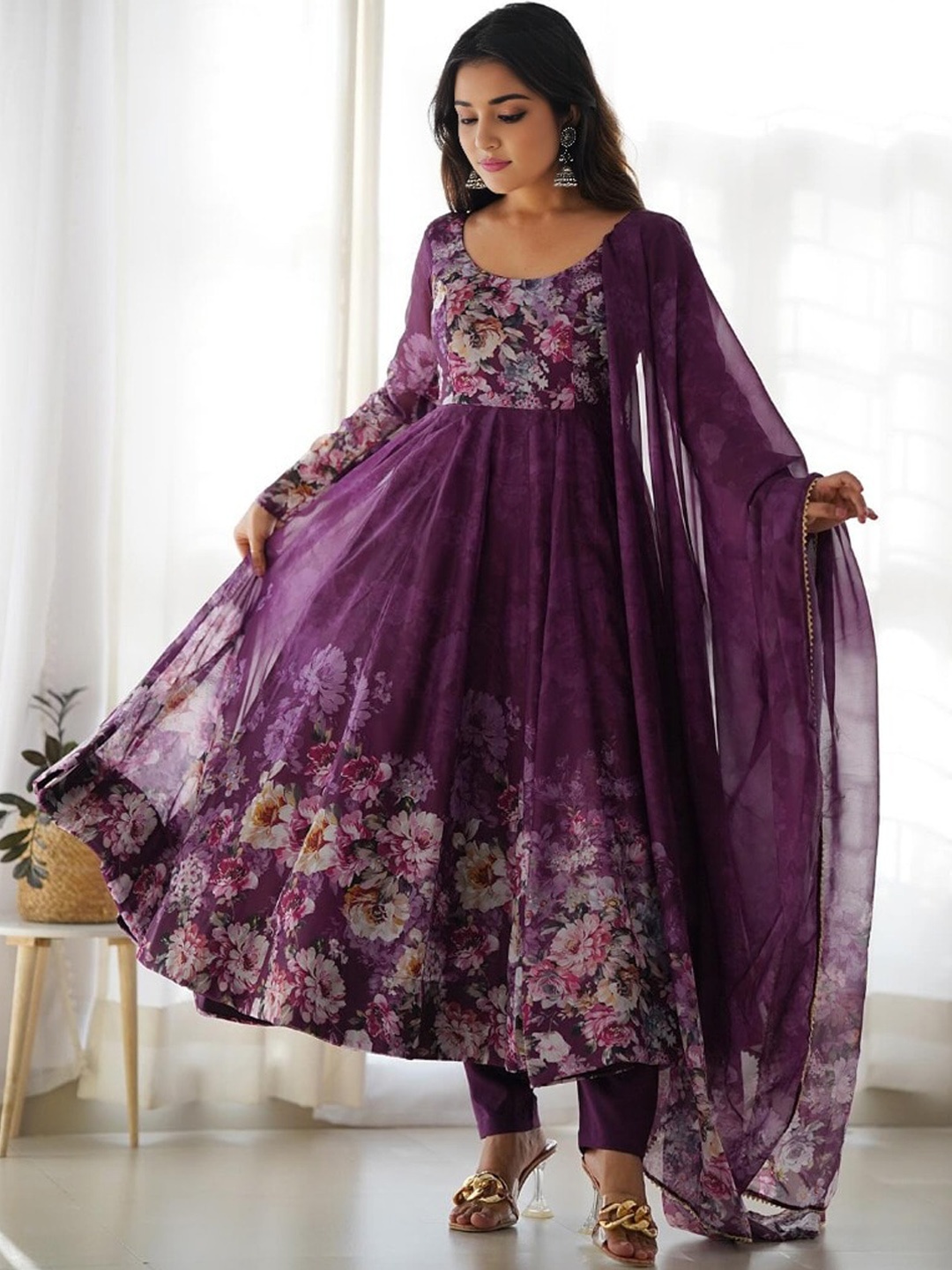 

BLACK SCISSOR Floral Printed Organza Maxi Gown with Dupatta, Purple