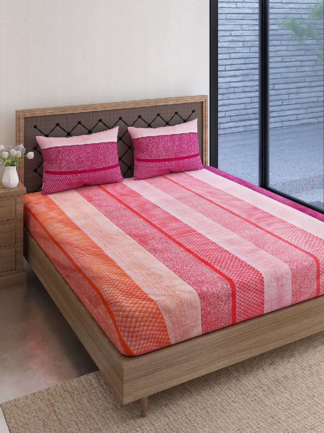 

Aura Red & Pink Striped Cotton 160 TC Queen Bedsheet Set