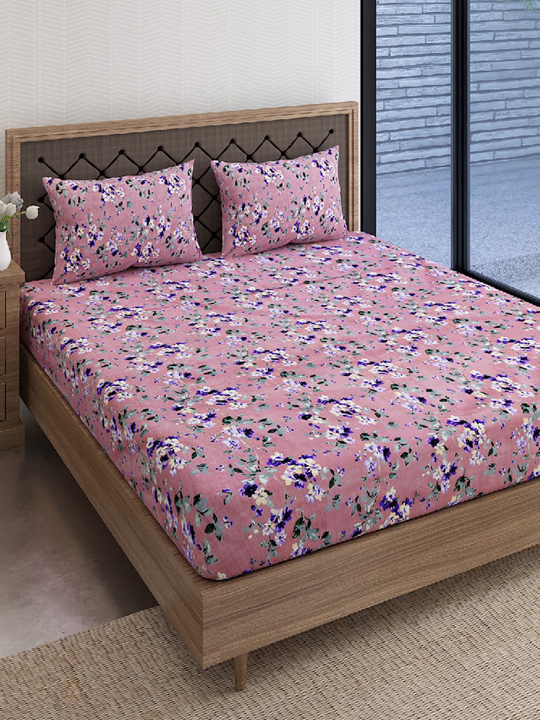 

SWAYAM Pink Veda Floral Print 160 TC Cotton Double Bedsheet Set