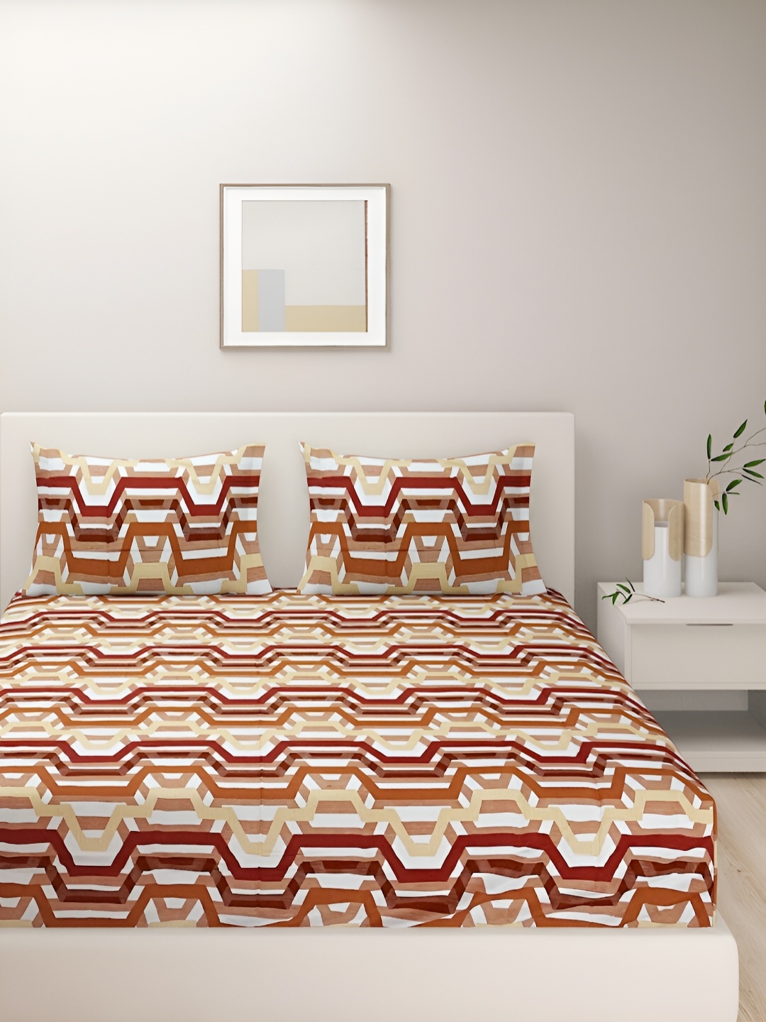 

Aura Brown & White Geometric Cotton 144 TC King Bedsheet With 2 Pillow Covers