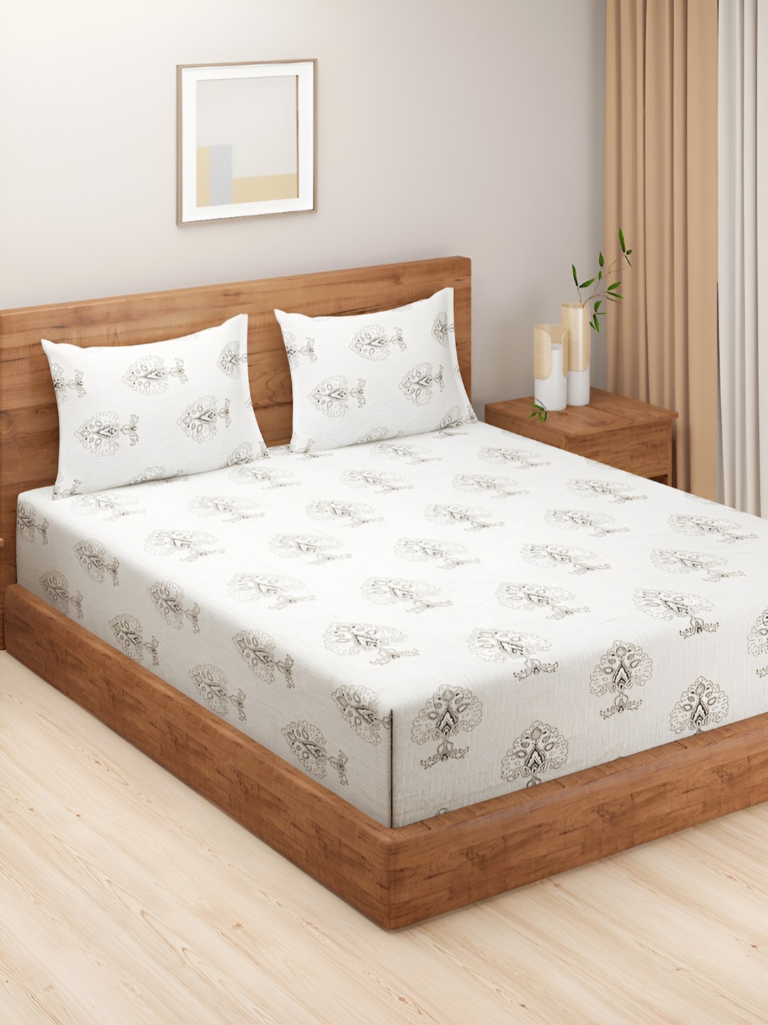 

Aura Grey & Beige Ethnic Motifs Cotton 200 TC Queen Bedsheet With 2 Pillow Covers