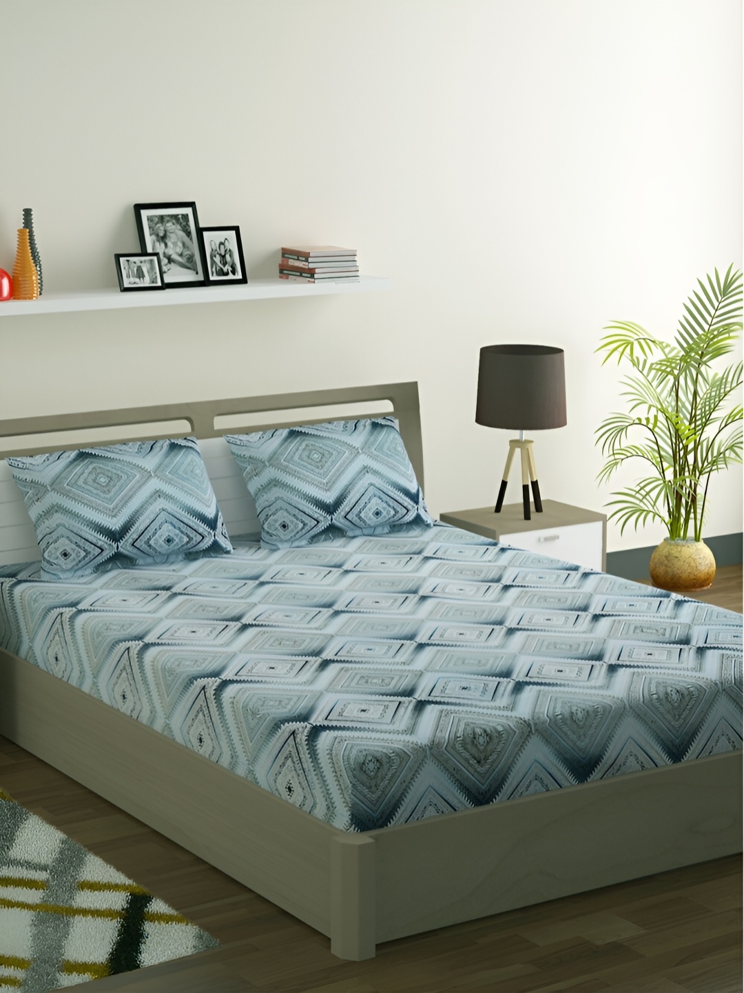 

Aura Blue & White Geometric Cotton 200 TC Queen Bedsheet With 2 Pillow Covers
