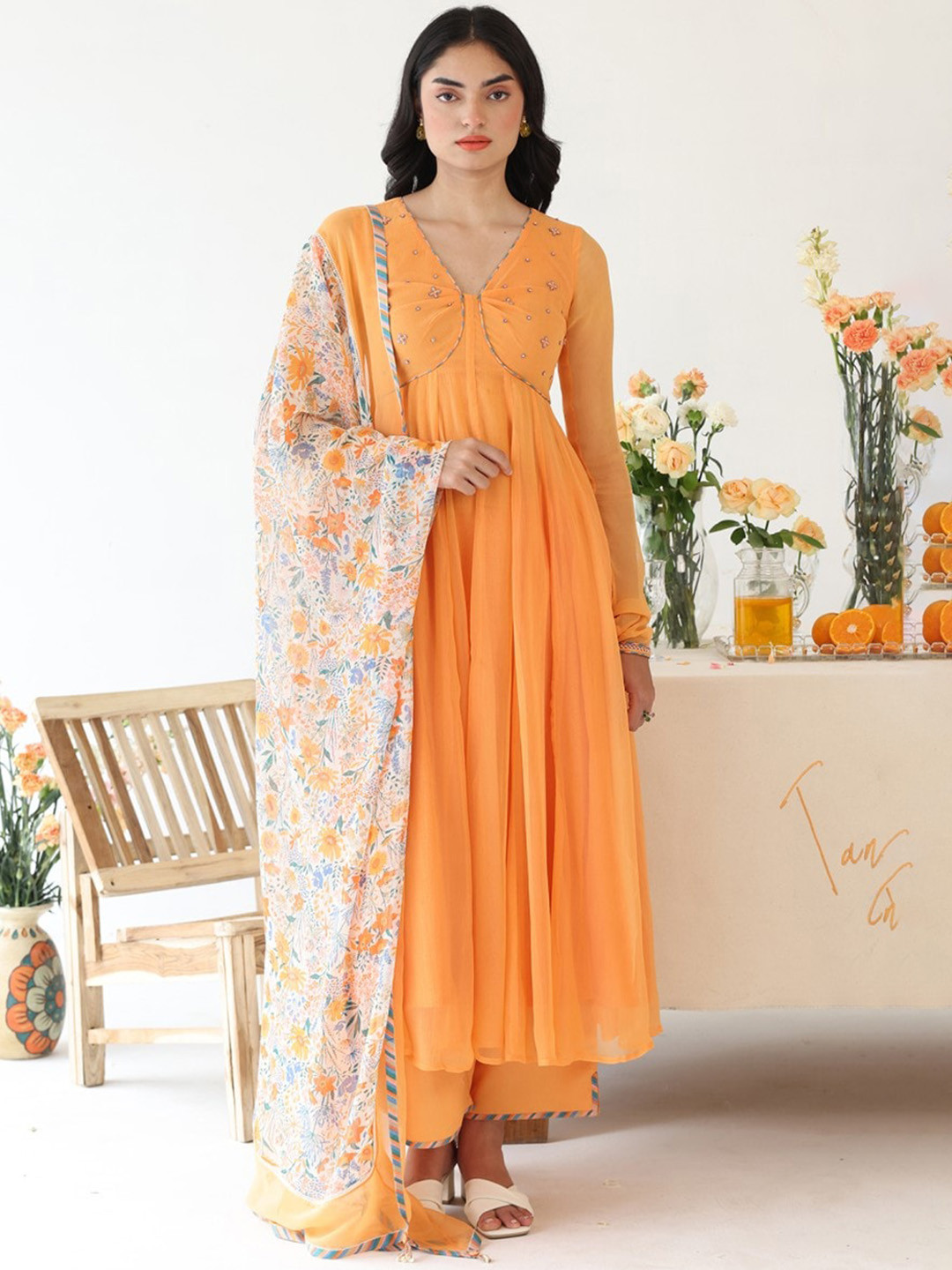 

Baise Gaba Floral Yoke Design Empire Anarkali Kurta with Pyjamas & Dupatta, Orange
