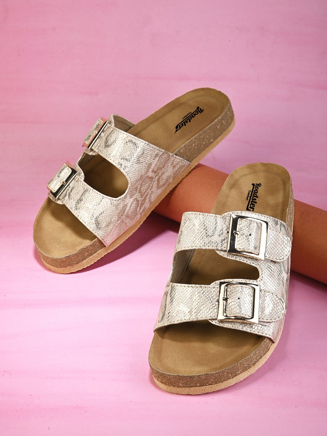 

The Roadster Lifestyle Co. Beige Textured Buckle Detail Open Toe Flats