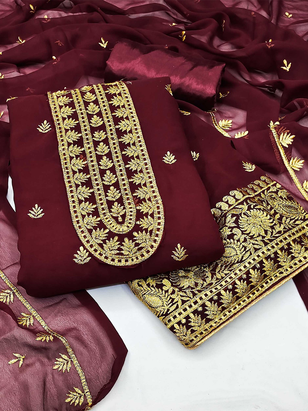 

KALINI Floral Embroidered Unstitched Dress Material, Maroon