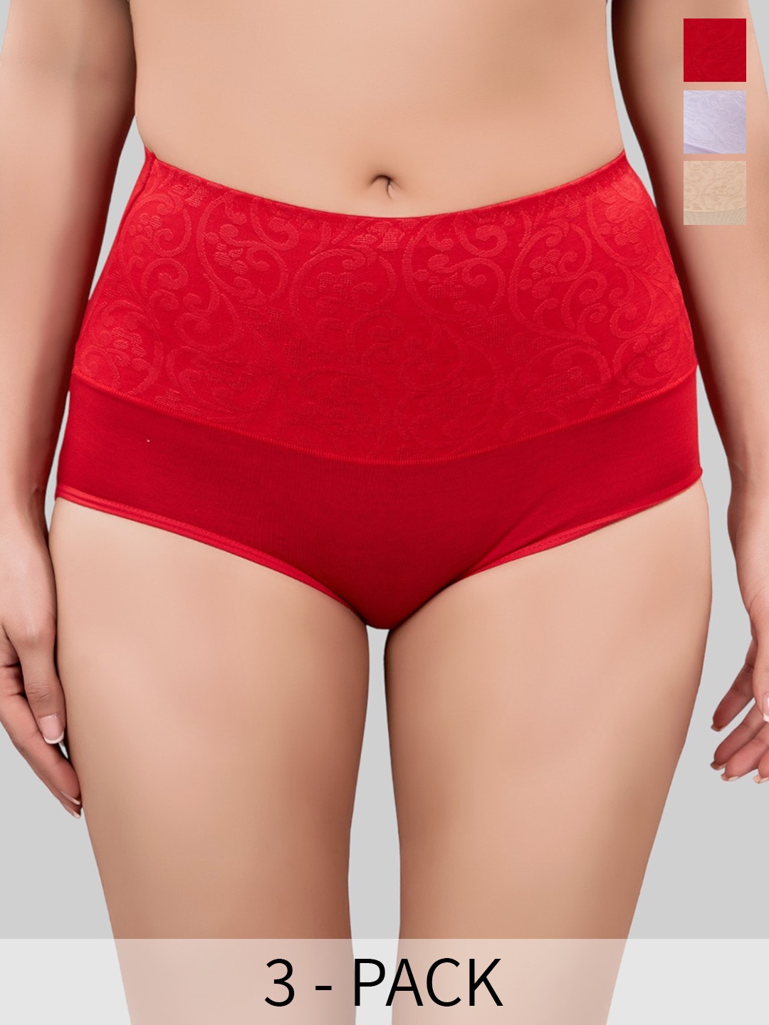 

PLUMBURY Pack Of 3 Laced High Rise Shaper Brief, Red