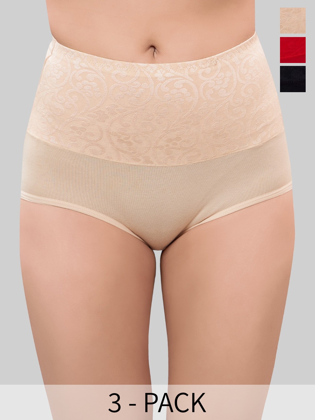 

PLUMBURY Pack Of 3 Self Design Anti Microbial Tummy Control Shaper Brief, Red