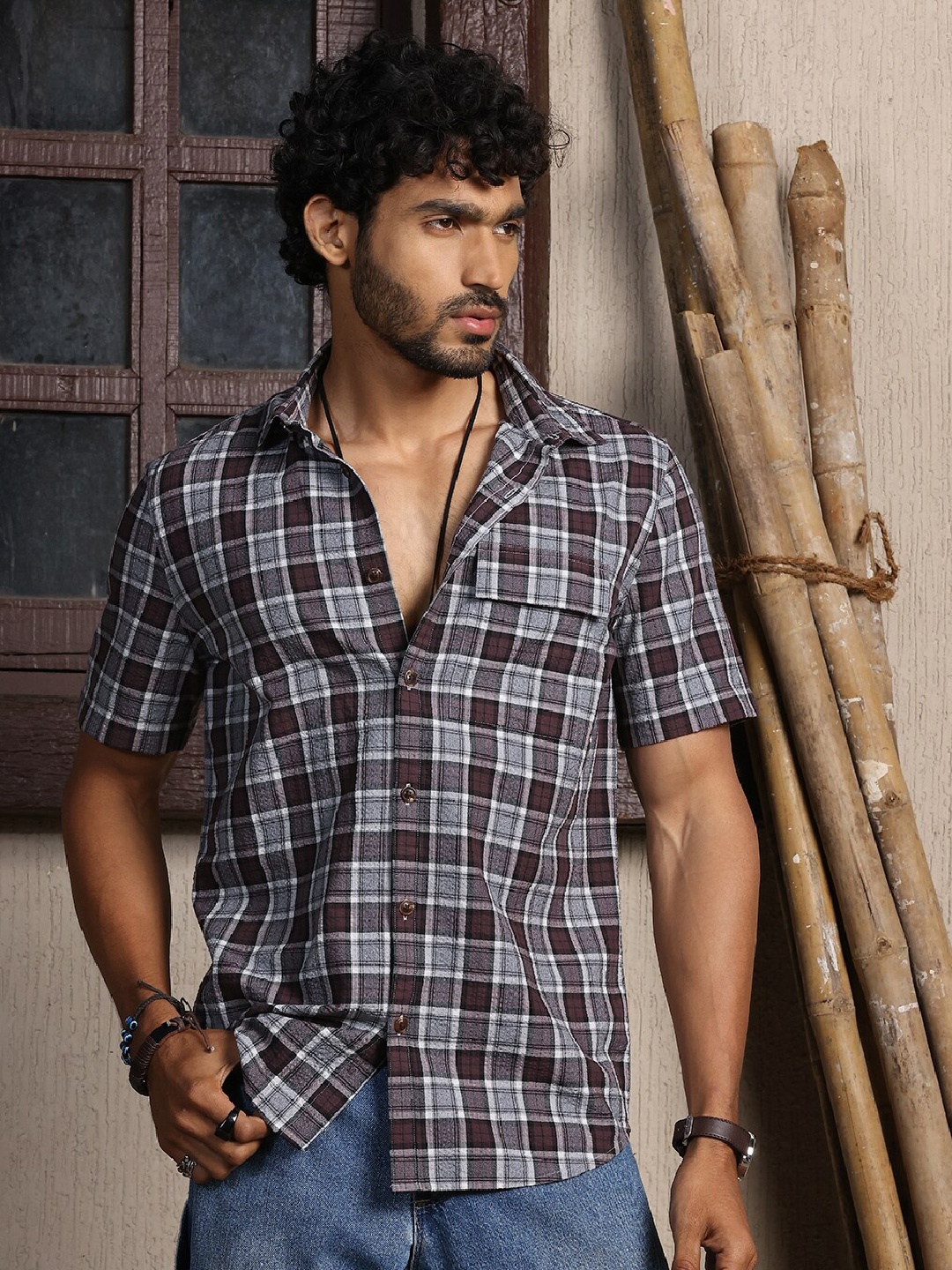 

Thomas Scott Spread Collar Short Sleeves Standard Tartan Checks Cotton Casual Shirt, Brown