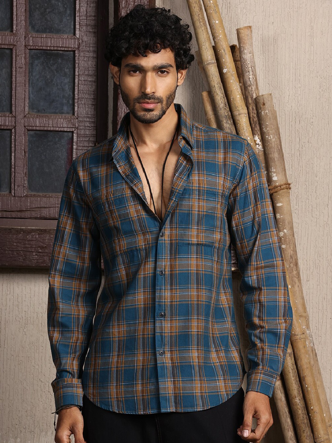 

Thomas Scott Premium Tartan Checks Opaque Cotton Casual Shirt, Teal