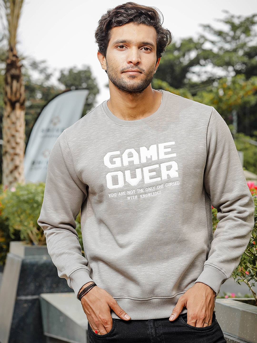 ONE SKY Typography Printed Cotton Pullover Sweatshirt, Grey